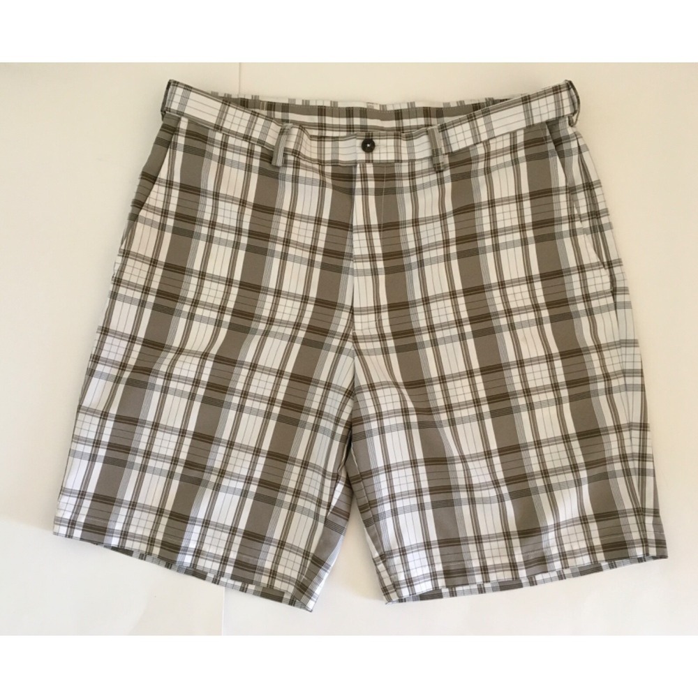 Haggar Golf Performance Shorts Mens 36 Brown White Plaid Expandable Waist